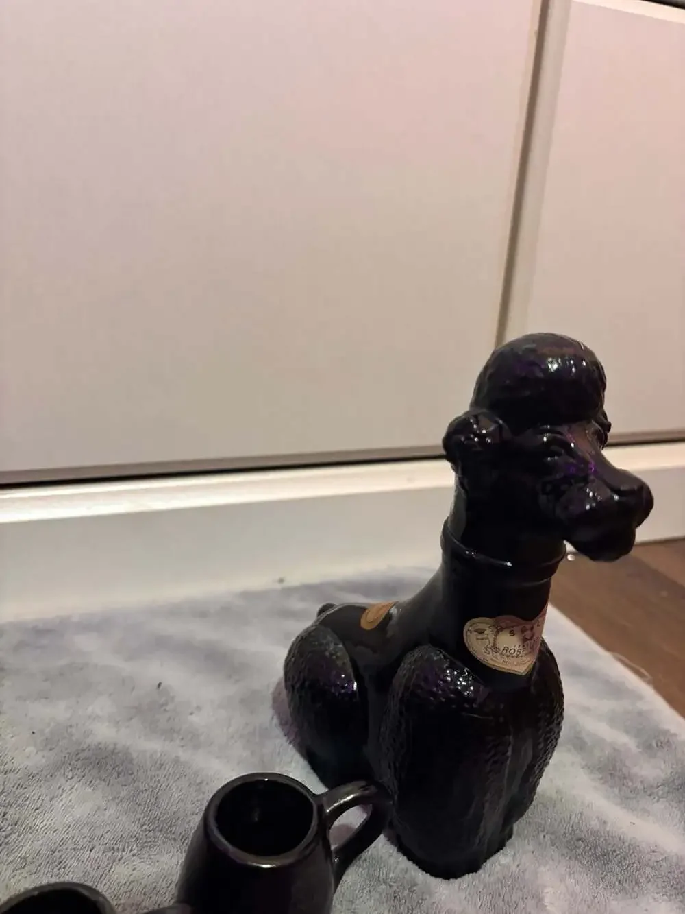 Vintage Mid-Century Black Poodle Decanter with Mini Cups and Puppy Train